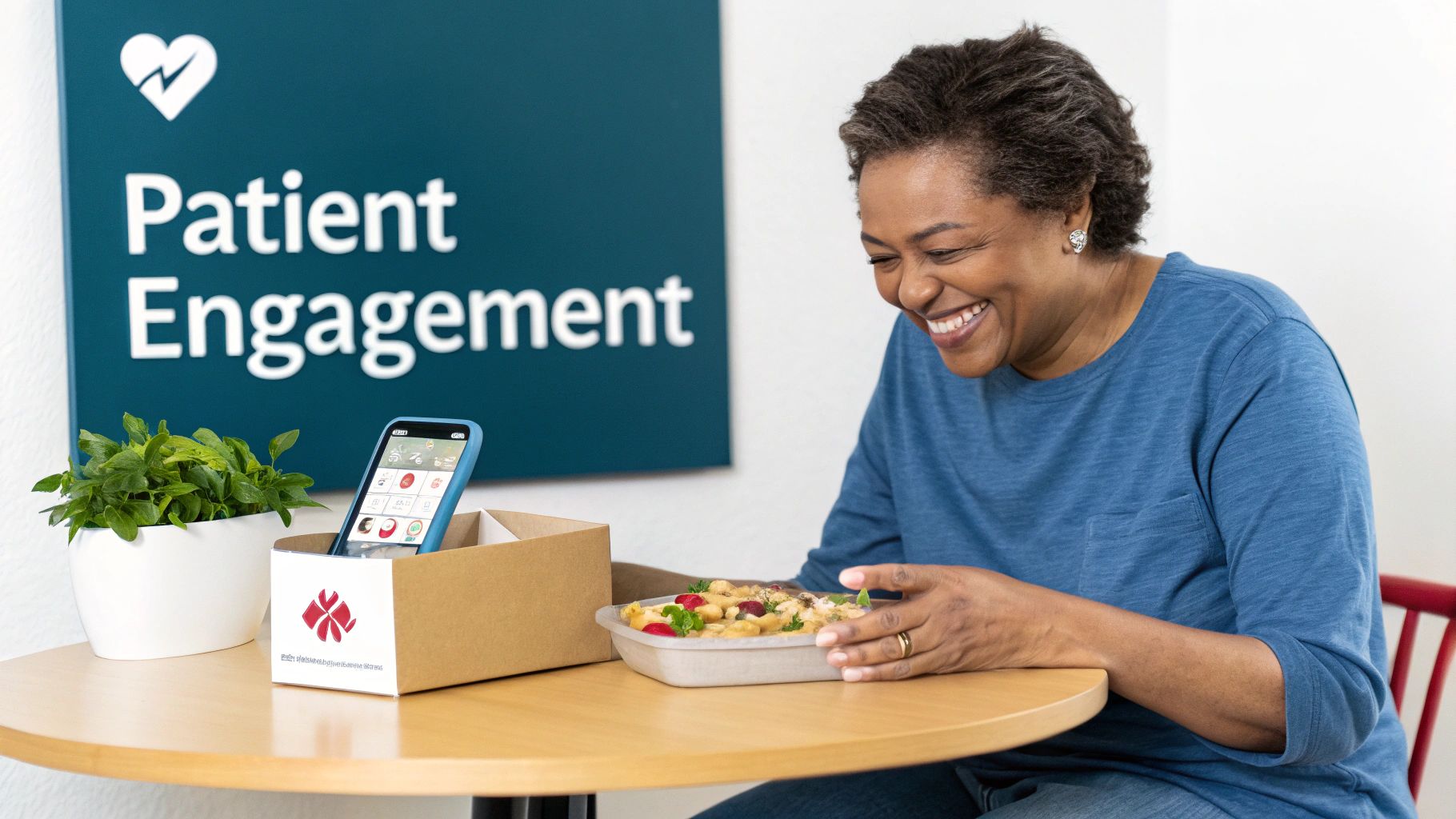 Smiling woman enjoying heart healthy meal with patient engagement digital health program