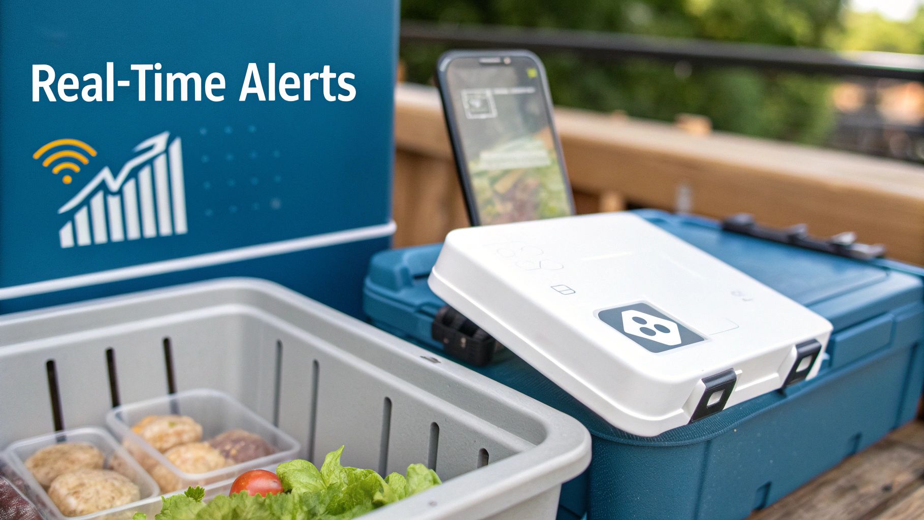 Smart temperature monitoring device with smartphone displaying real-time alerts for cold chain food distribution