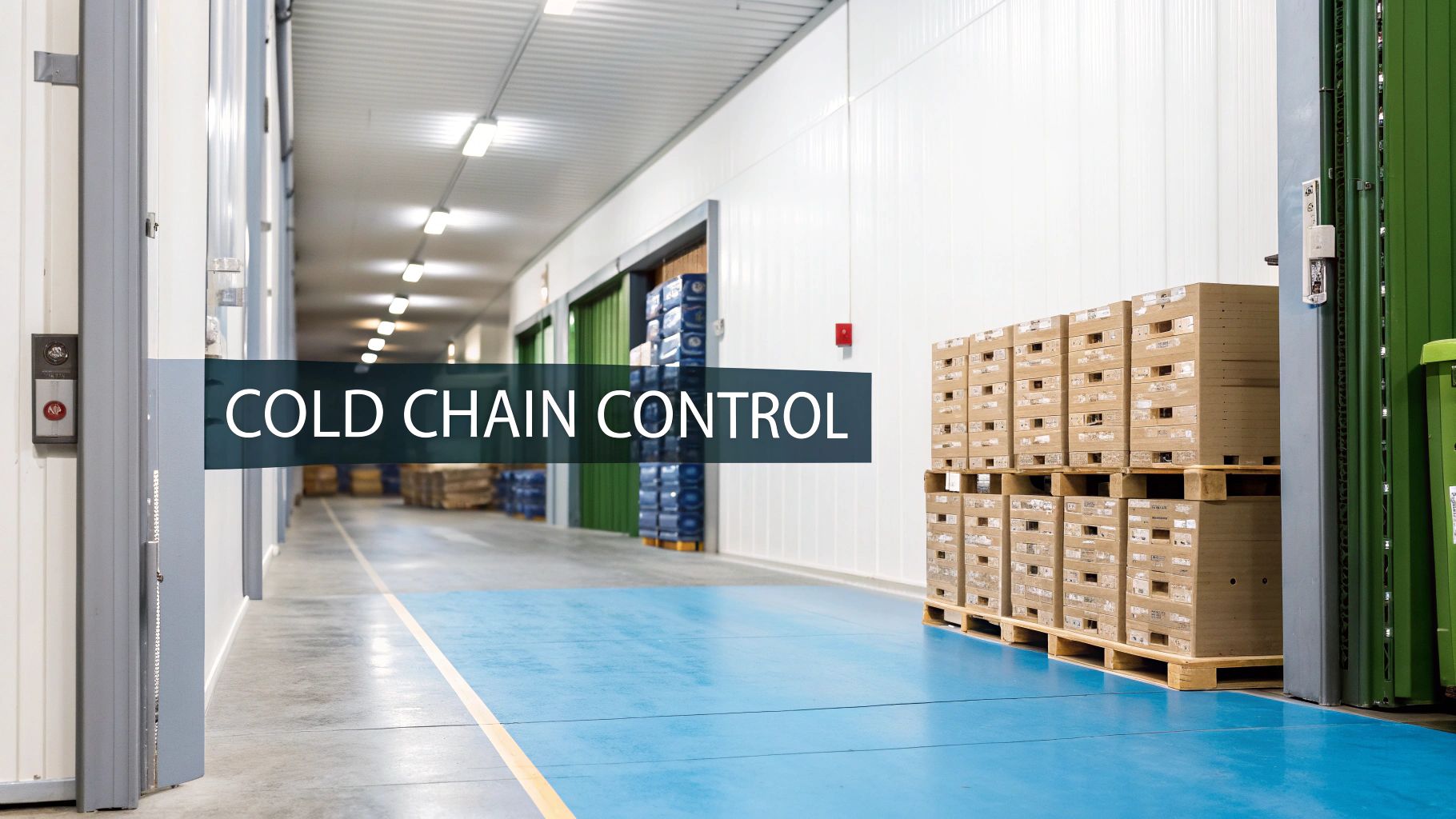 A warehouse worker moves pallets of boxed food products in a clean, organized food-grade facility.