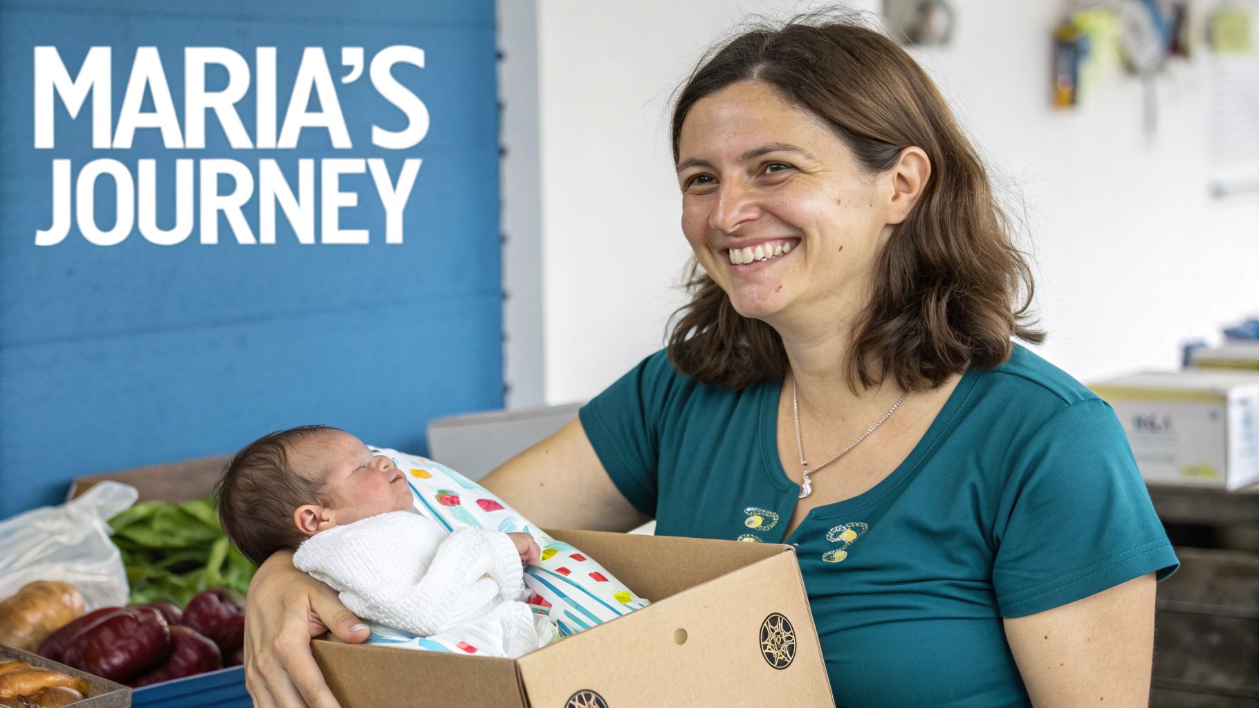 A smiling woman lovingly holds a sleeping newborn baby nestled in a cardboard box amidst fresh produce.