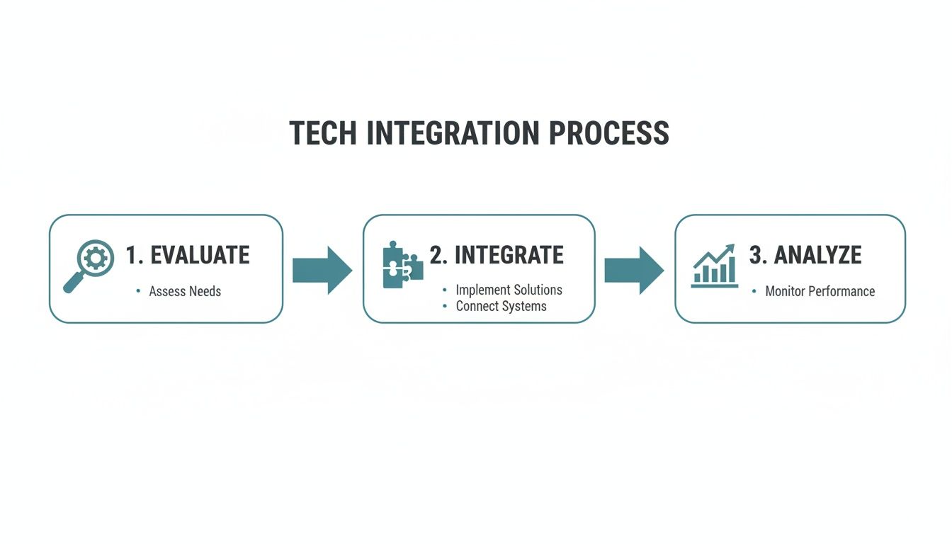 A three-step tech integration process diagram: Evaluate, Integrate, and Analyze with key actions for each stage.