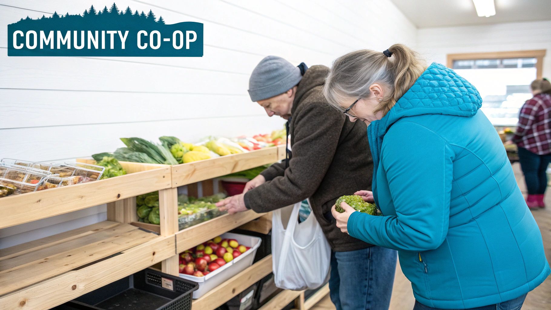 Two people browse fresh produce from wooden shelves at a local community co-op.