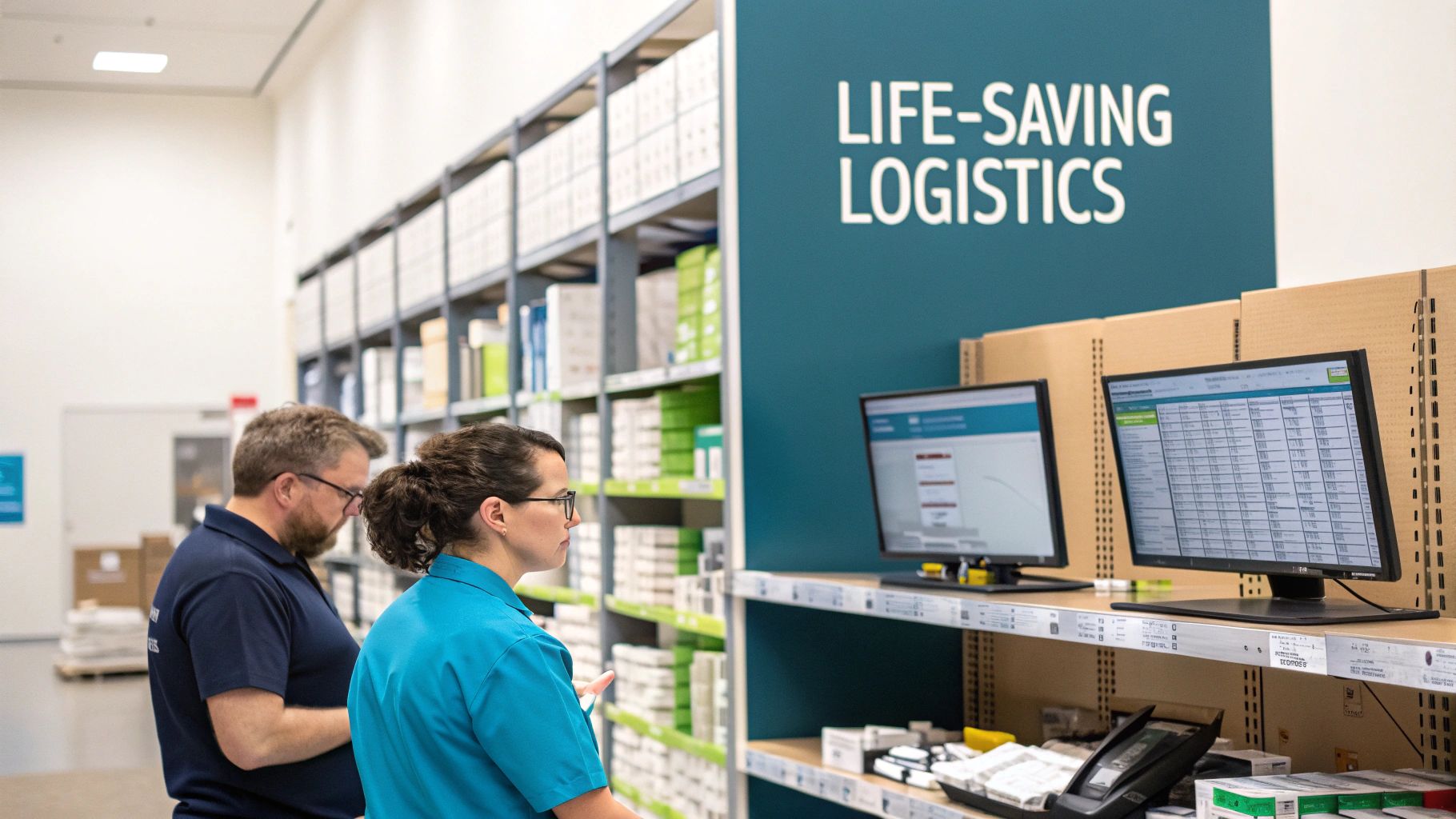 Two healthcare workers reviewing inventory data on computer screens in medical supply warehouse
