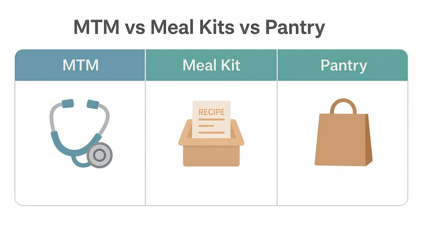 Infographic showing the differences between Medically Tailored Meals, Meal Kits, and Pantry programs, highlighting the clinical oversight of MTMs.