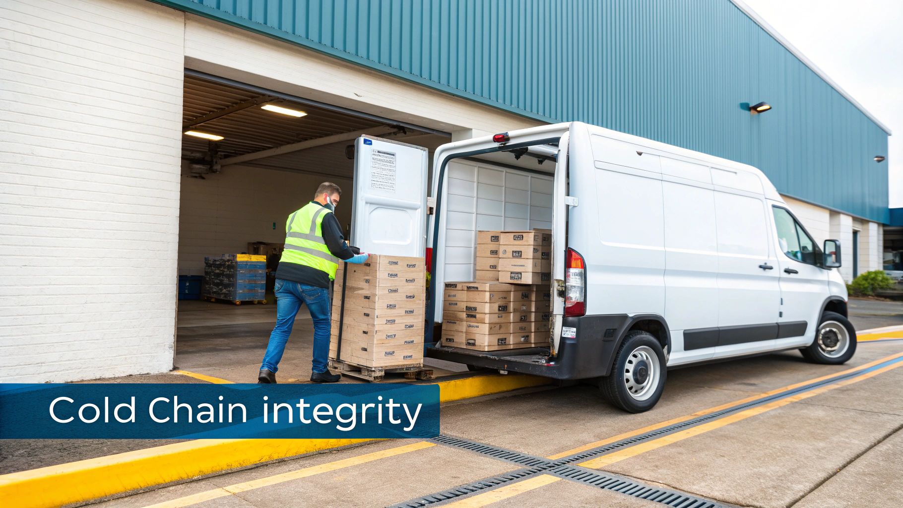 Worker in high-vis vest loads insulated boxes onto a white delivery van at a warehouse.
