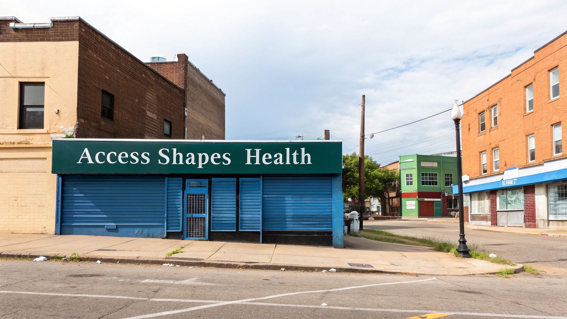 A green sign on a closed blue storefront reads 'Access Shapes Health' on a city street.