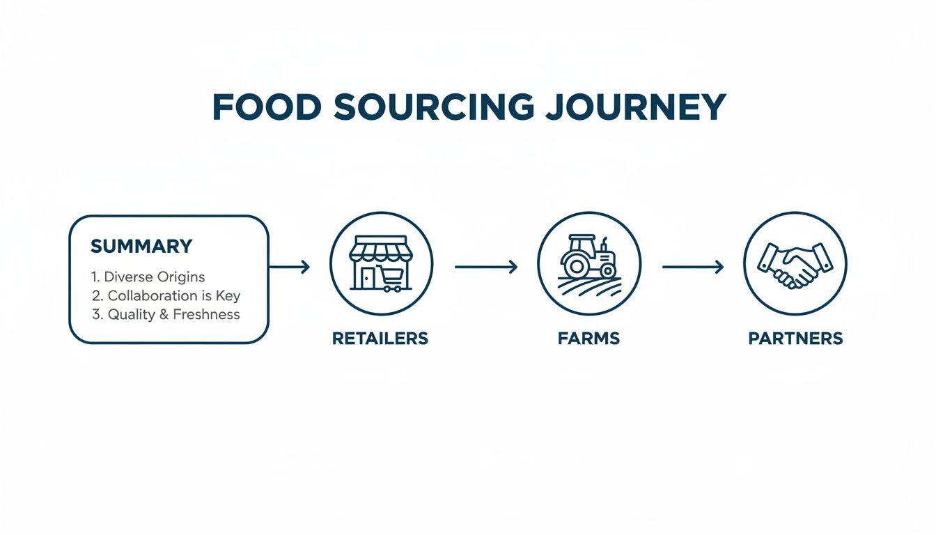 Food Sourcing Journey flowchart showing summary, retailers, farms, and partners with key points.