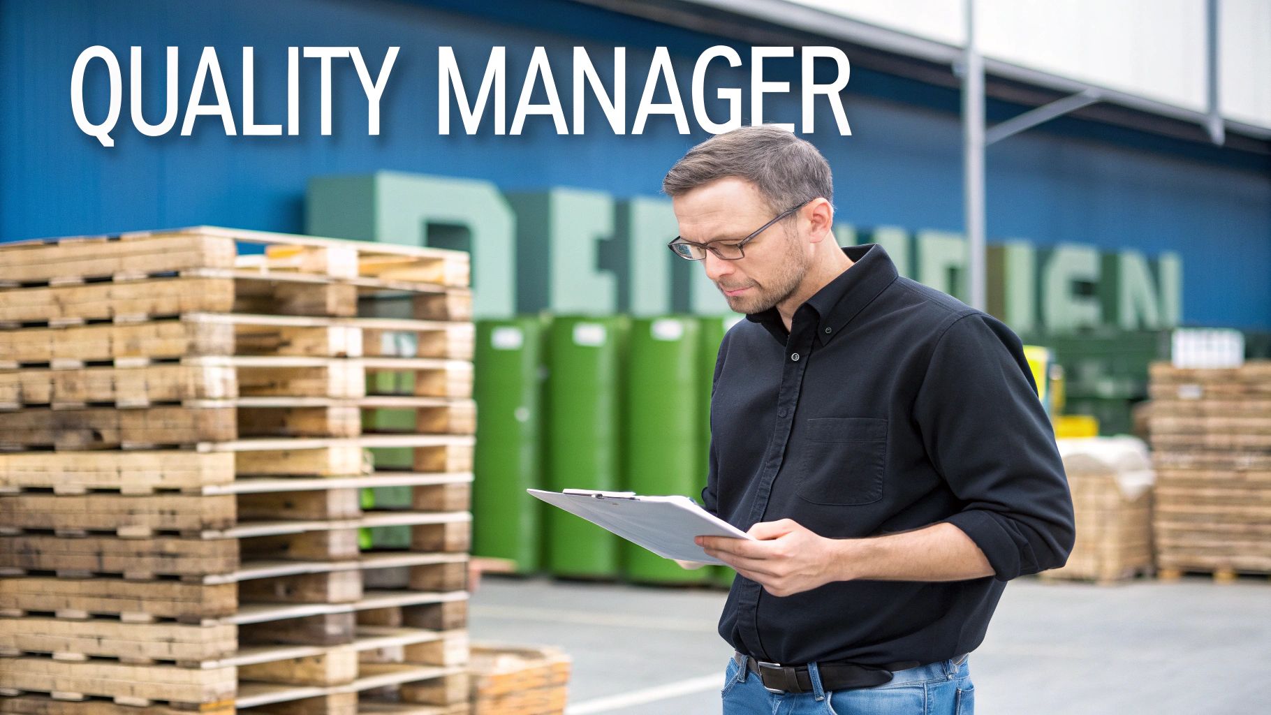 Quality manager inspecting warehouse operations with clipboard in food grade storage facility