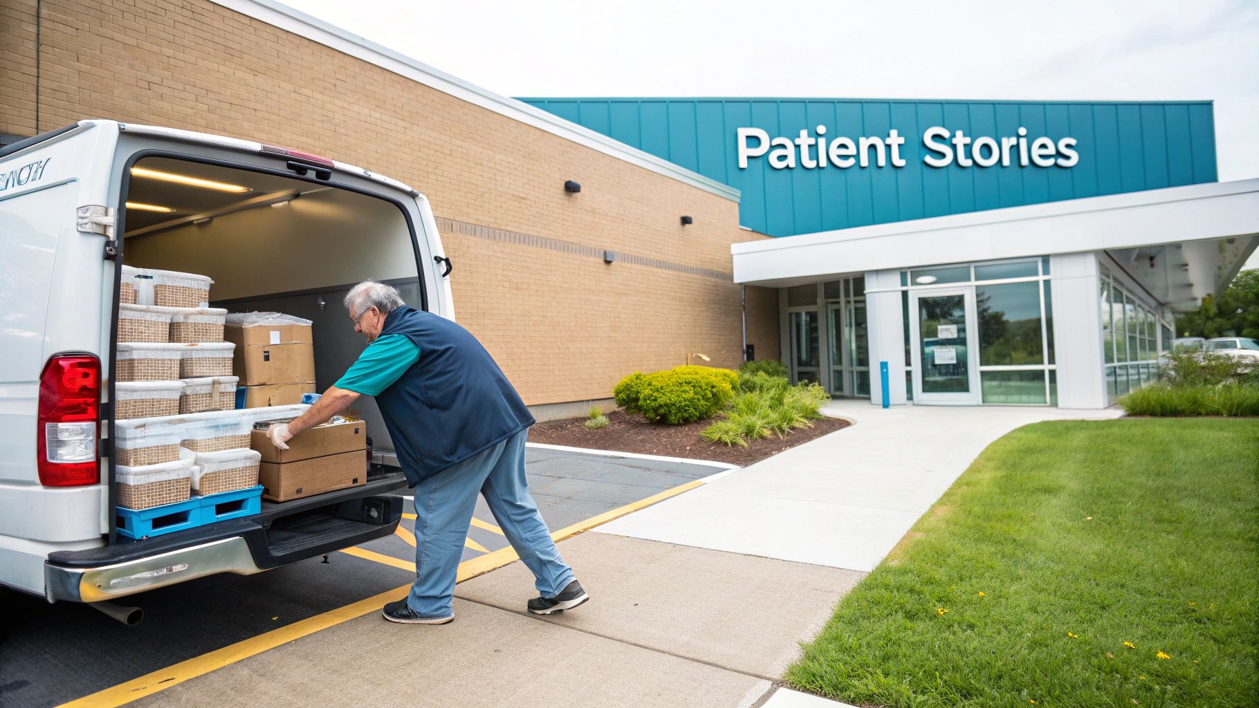A woman with curly hair smiles warmly as she opens a cardboard box filled with fresh vegetables, including celery, leafy greens, and potatoes.
