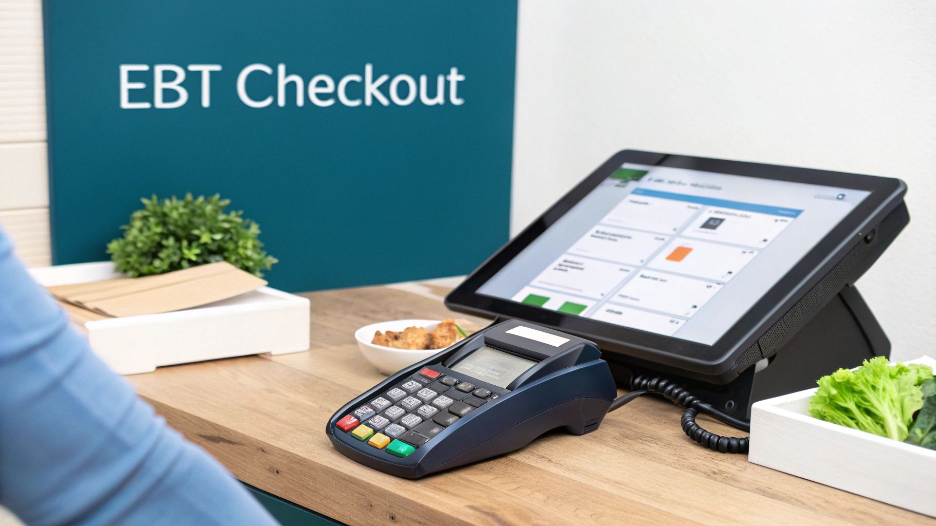 A person paying for groceries online using a laptop and credit card.