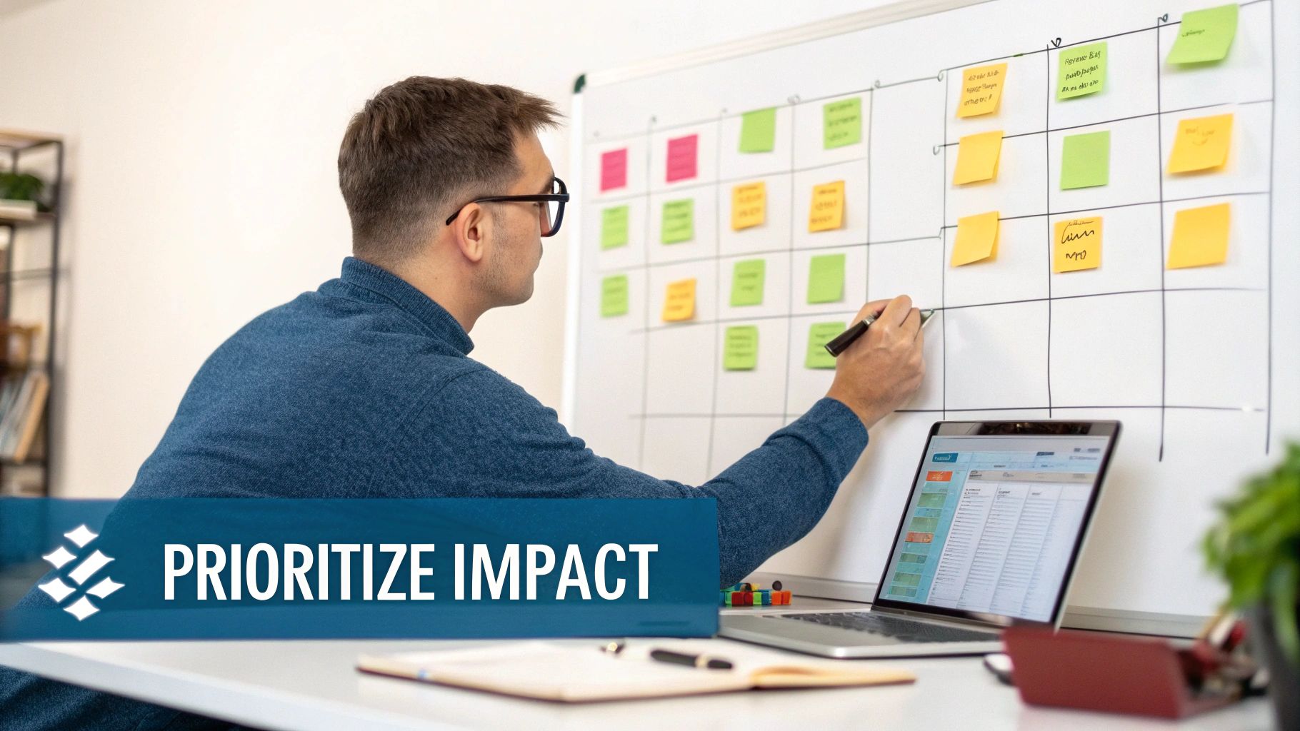 A man in glasses writes on a whiteboard with sticky notes, a laptop on the desk, focusing on task prioritization.