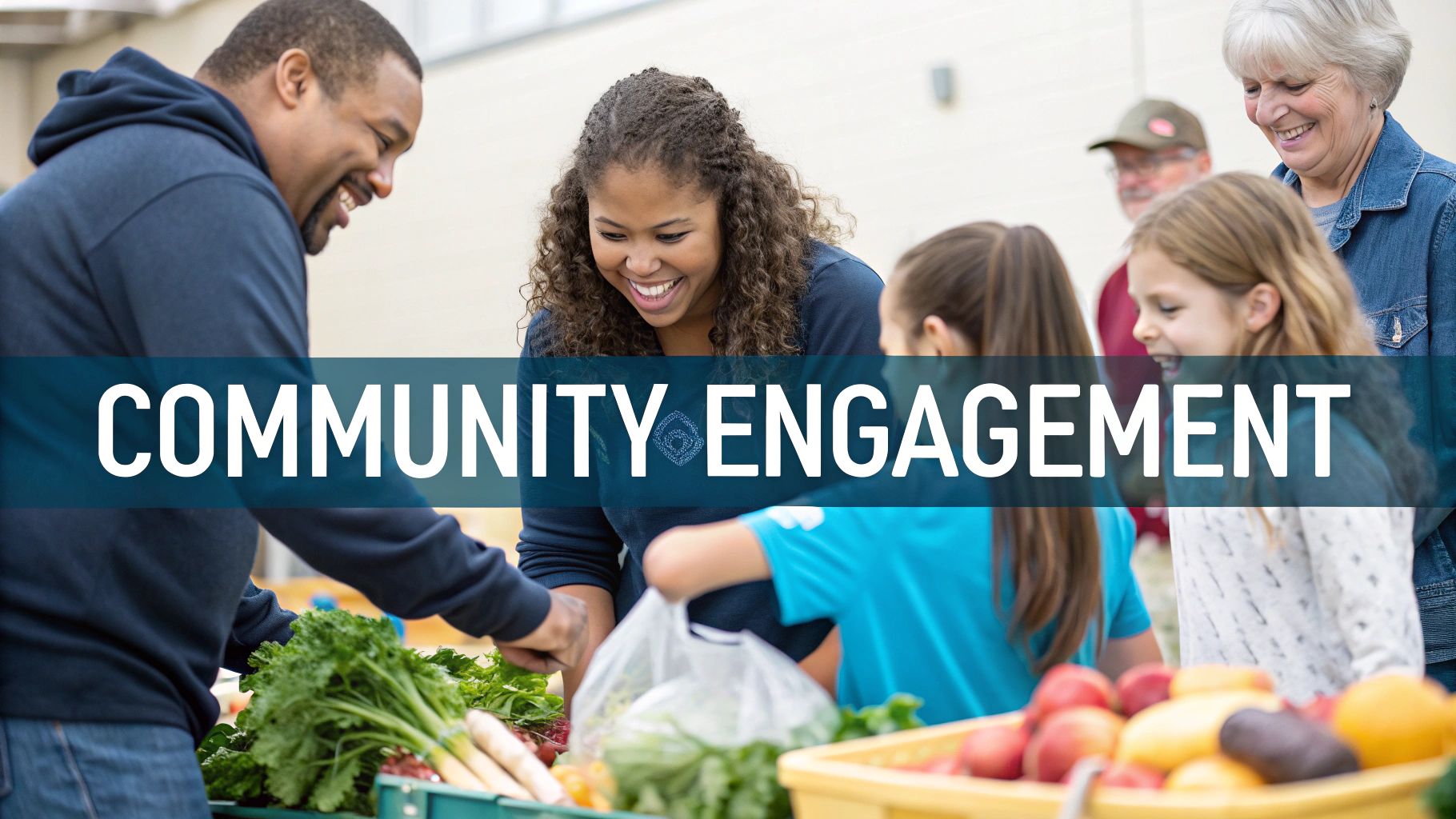 A group of community members, including children and adults, happily working together in a garden.