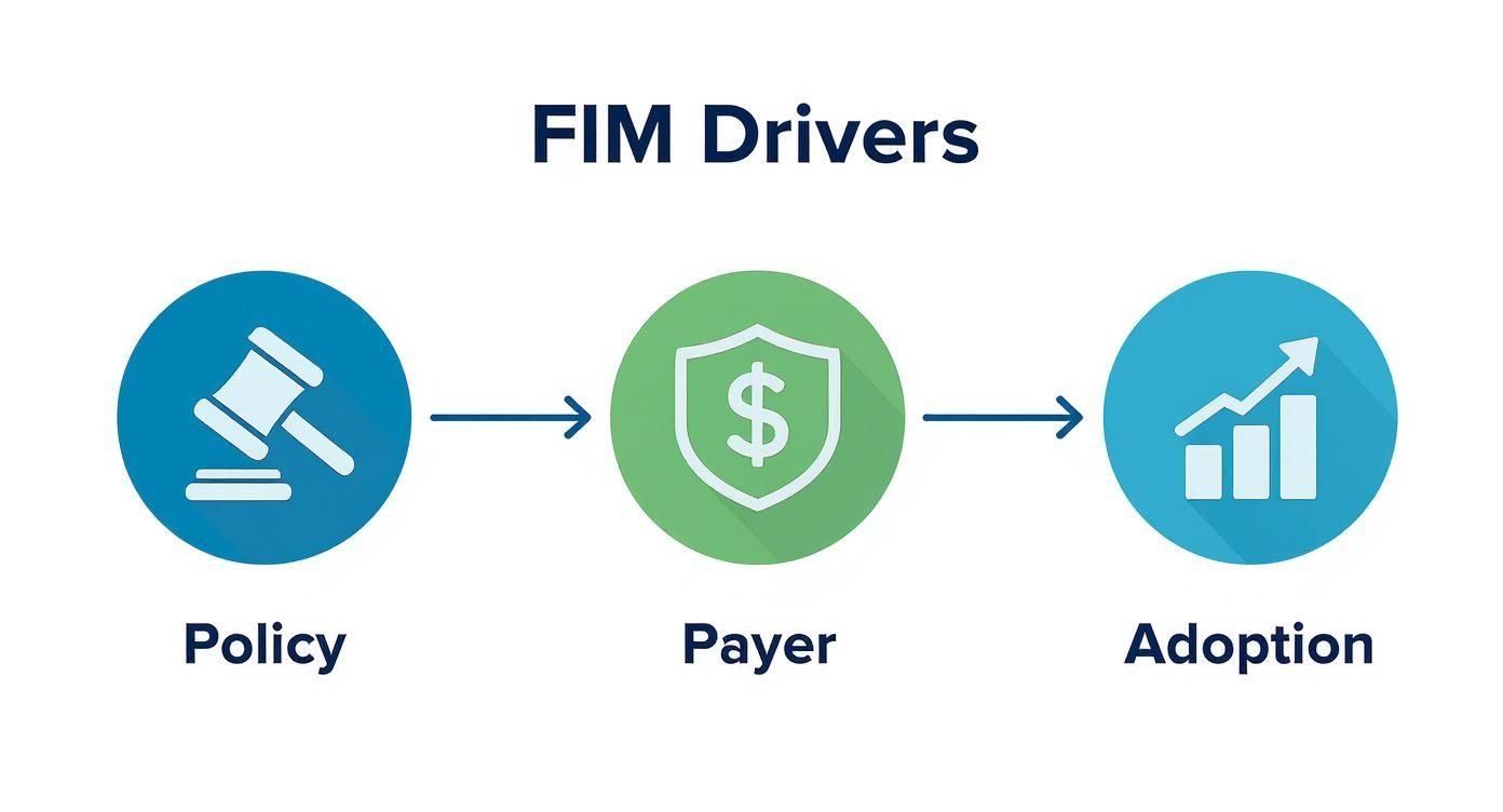 Infographic showing the process flow of FIM Drivers: Policy, Payer, and Adoption.