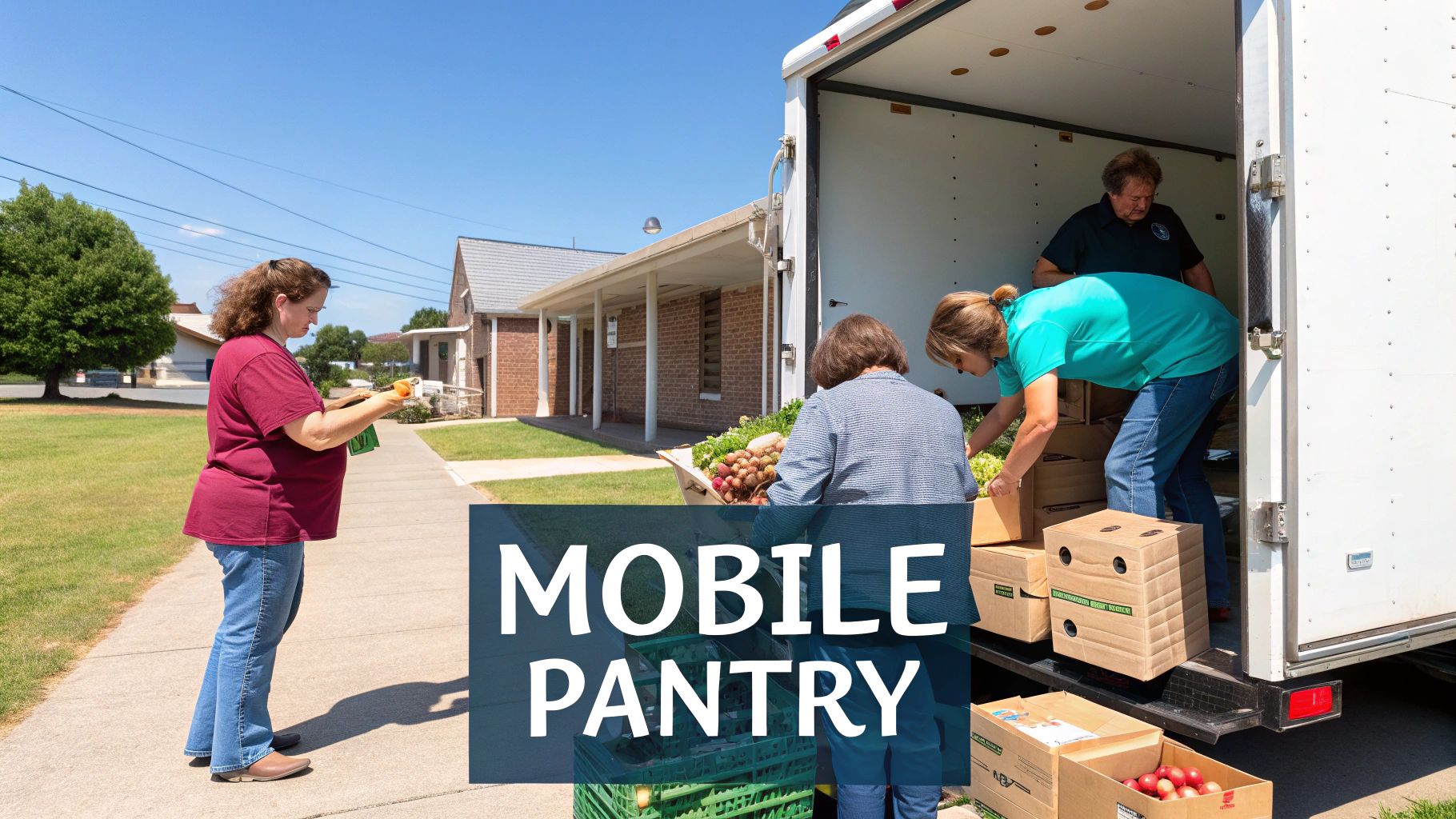 People unload fresh produce from a white truck, serving as a mobile pantry in a community.