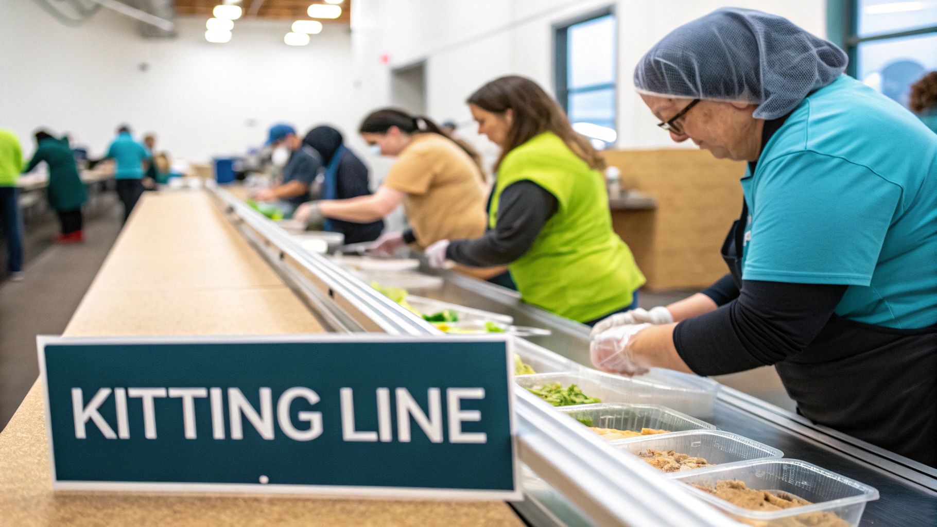Workers on a kitting line assemble and package disaster relief meal kits.