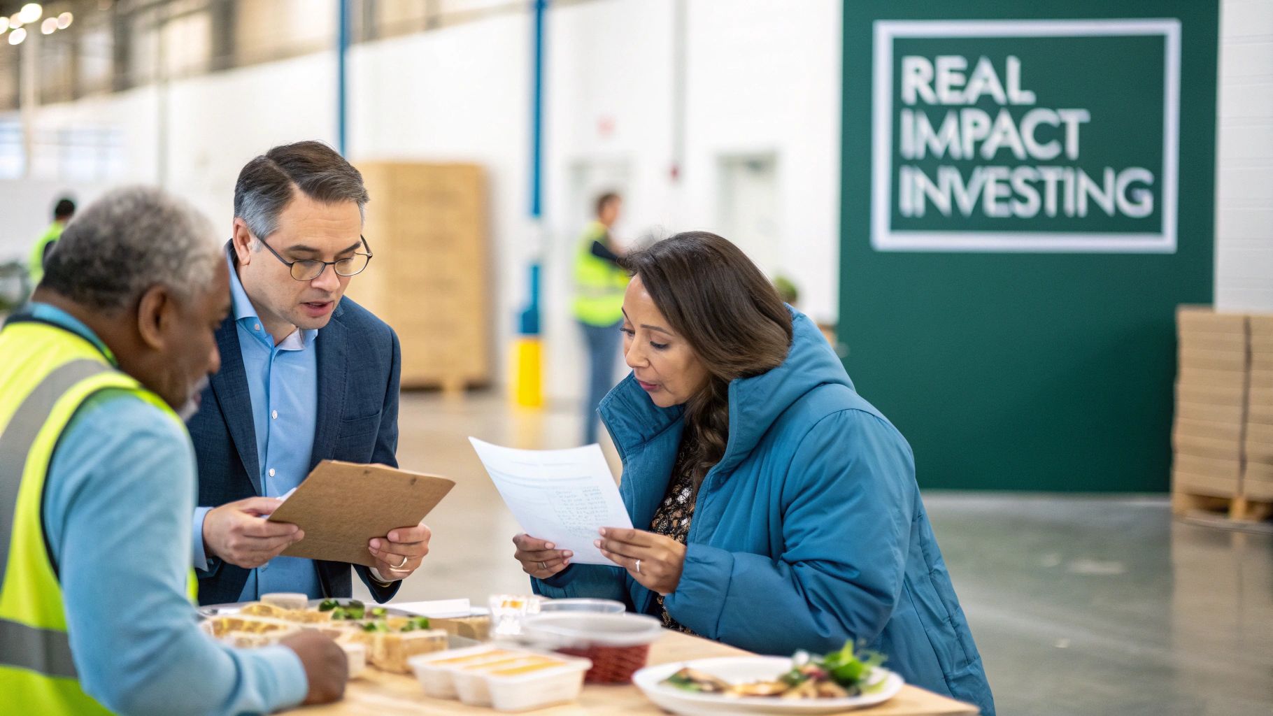Three diverse professionals review documents and samples at a table in a facility with an investing sign.