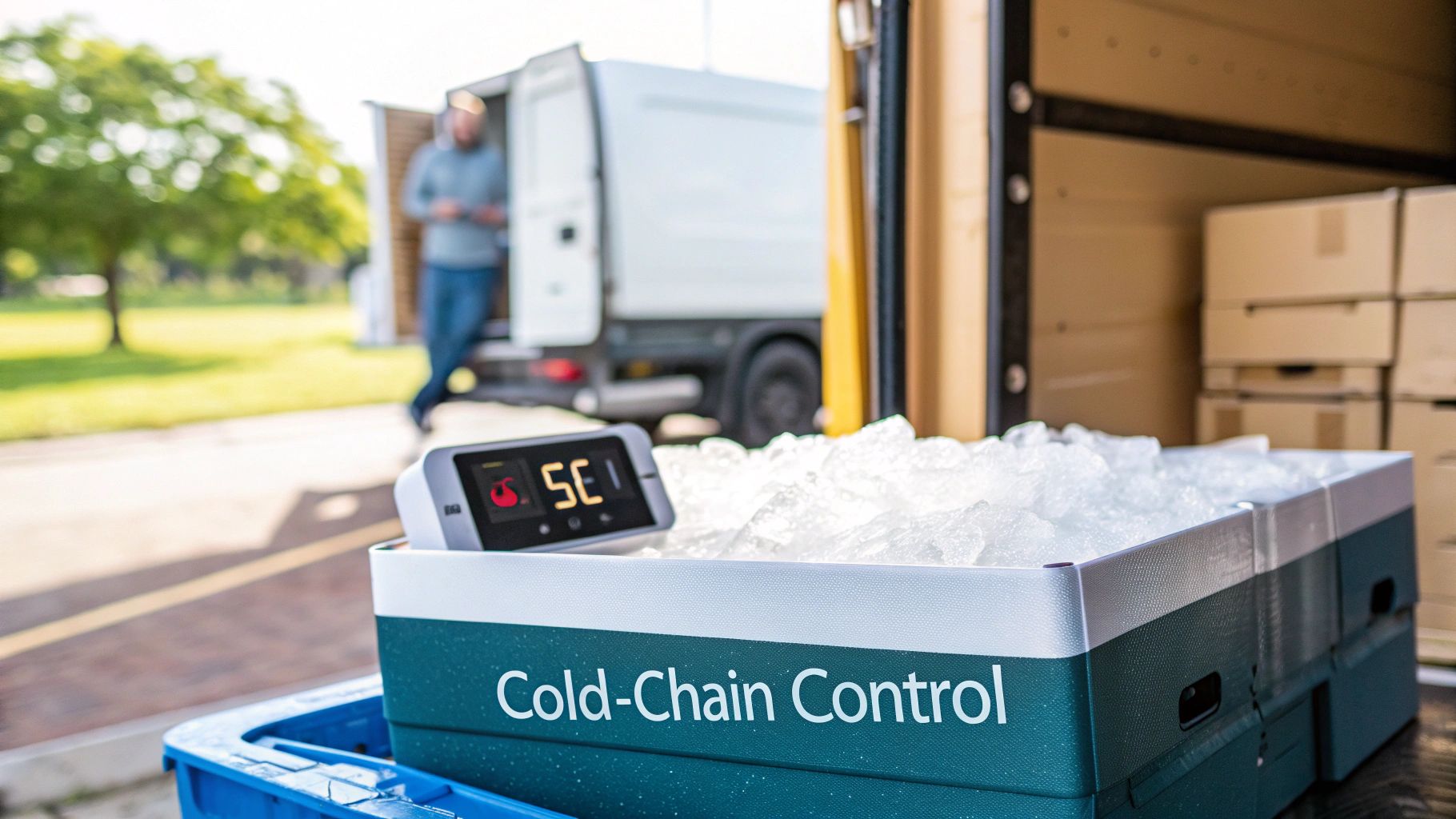 A cooler filled with ice and a temperature monitor showing 5C, labeled 'Cold-Chain Control', near a delivery truck.