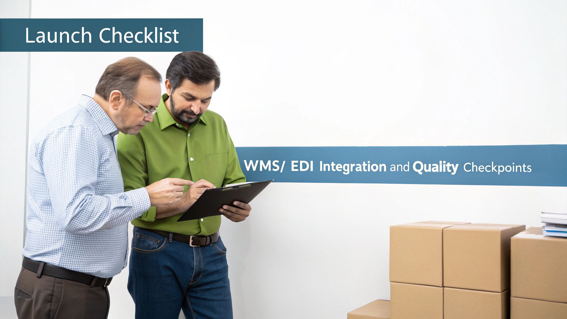 A team collaborating in a modern logistics warehouse