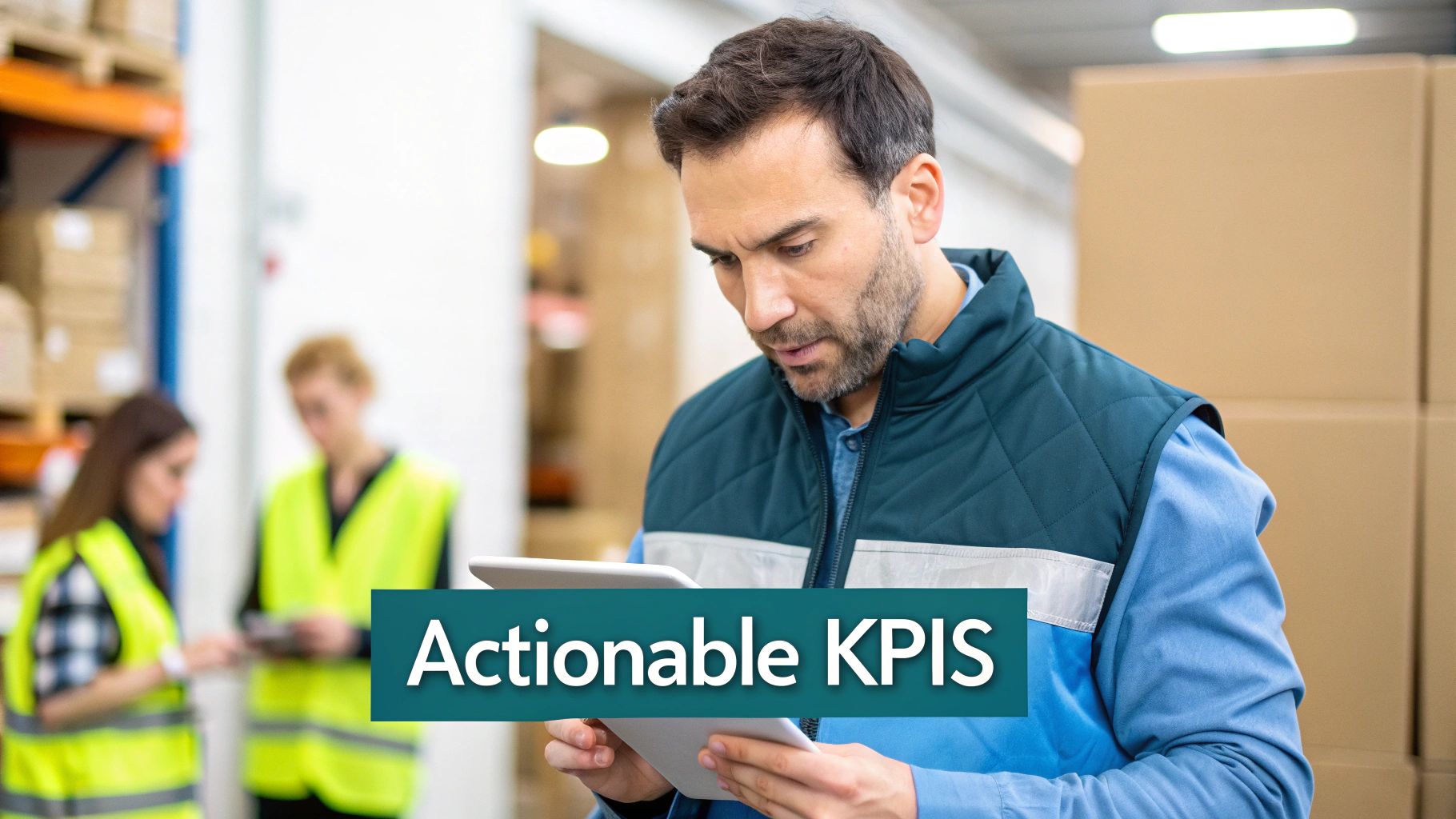 A male warehouse worker in a blue vest intently checks a tablet, with colleagues in the blurred background.