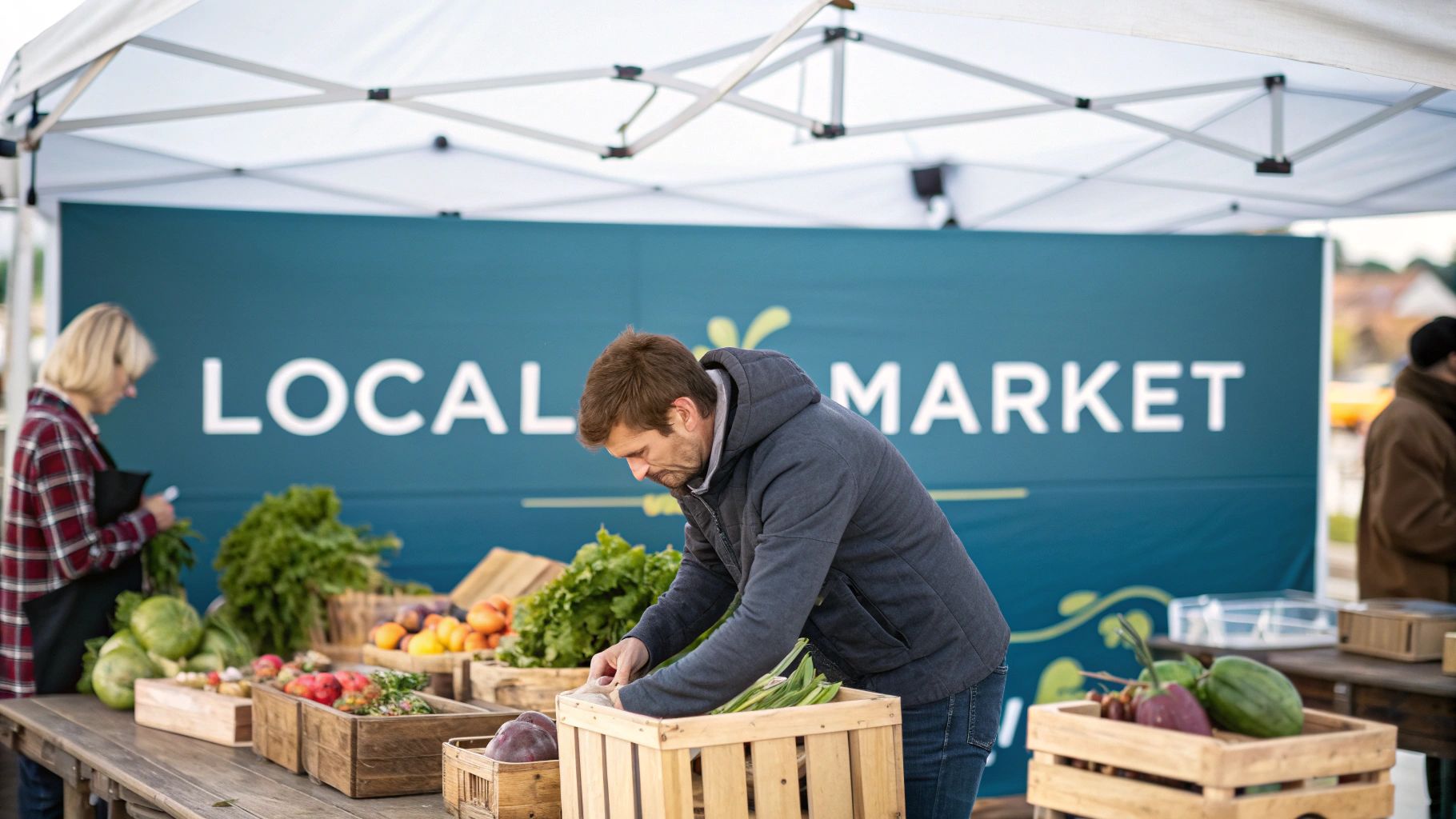 People buying and arranging fresh produce at an outdoor local farmers market stall.