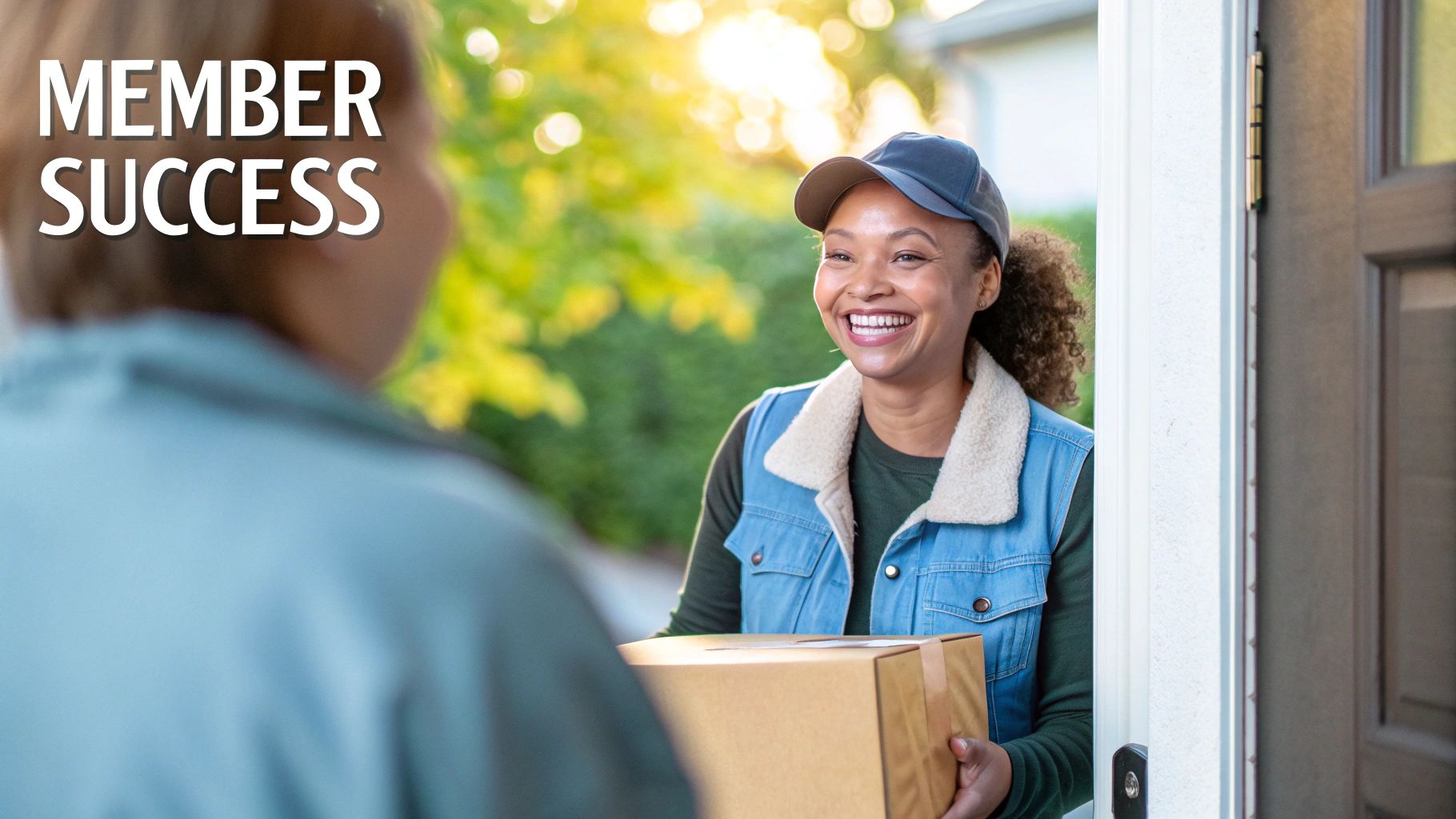 A smiling woman delivers a package to a customer at their doorstep, symbolizing member success.