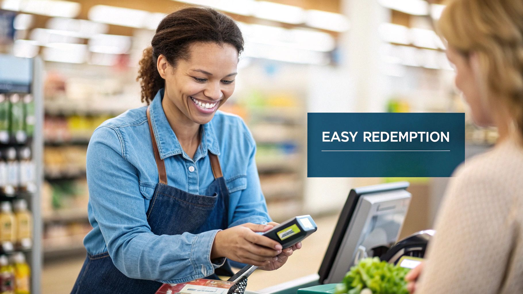A smiling grocery cashier scans an item for a customer, illustrating easy redemption at checkout.