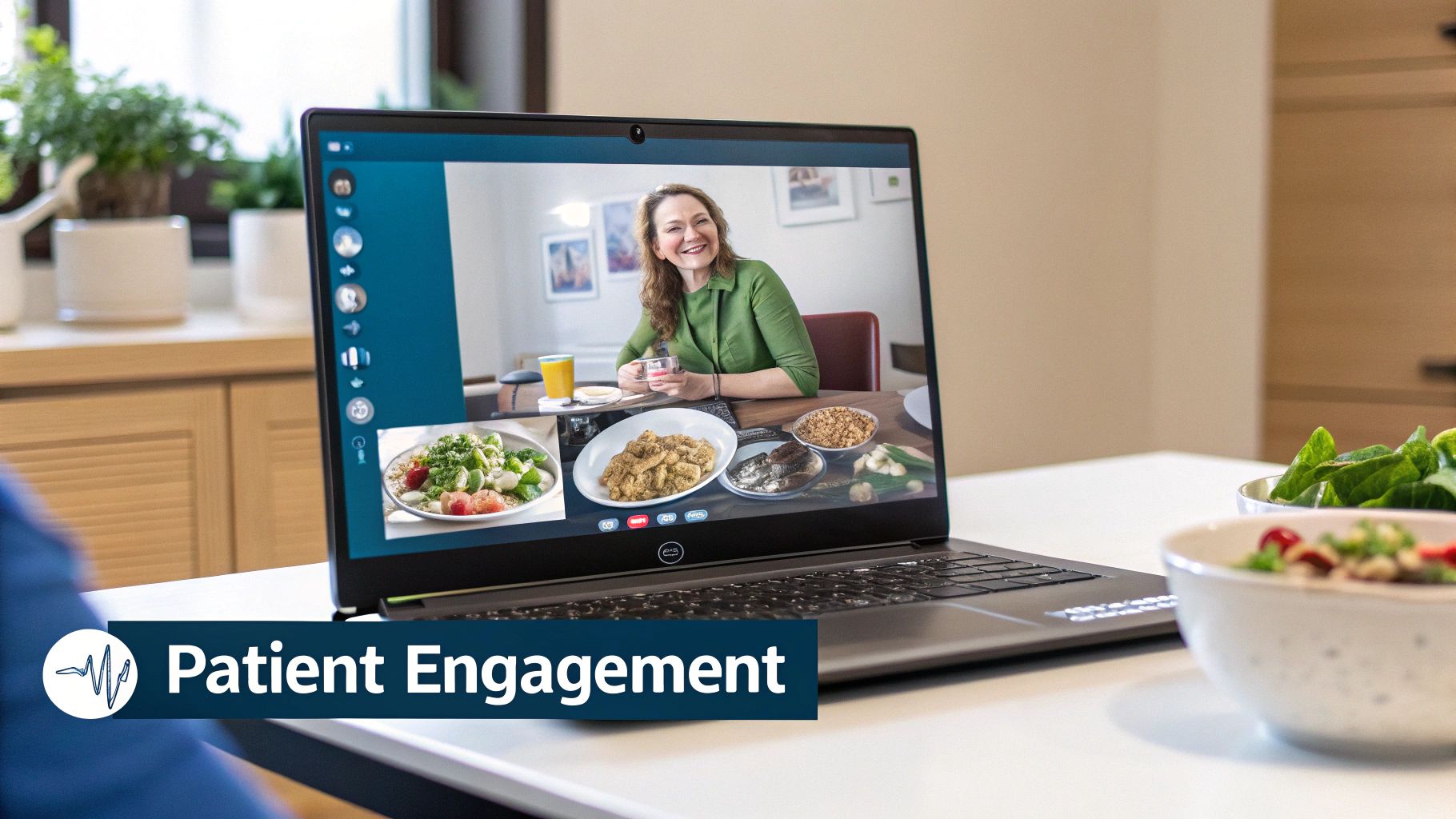 A woman on a laptop video call discussing healthy food options with a patient, highlighting patient engagement.