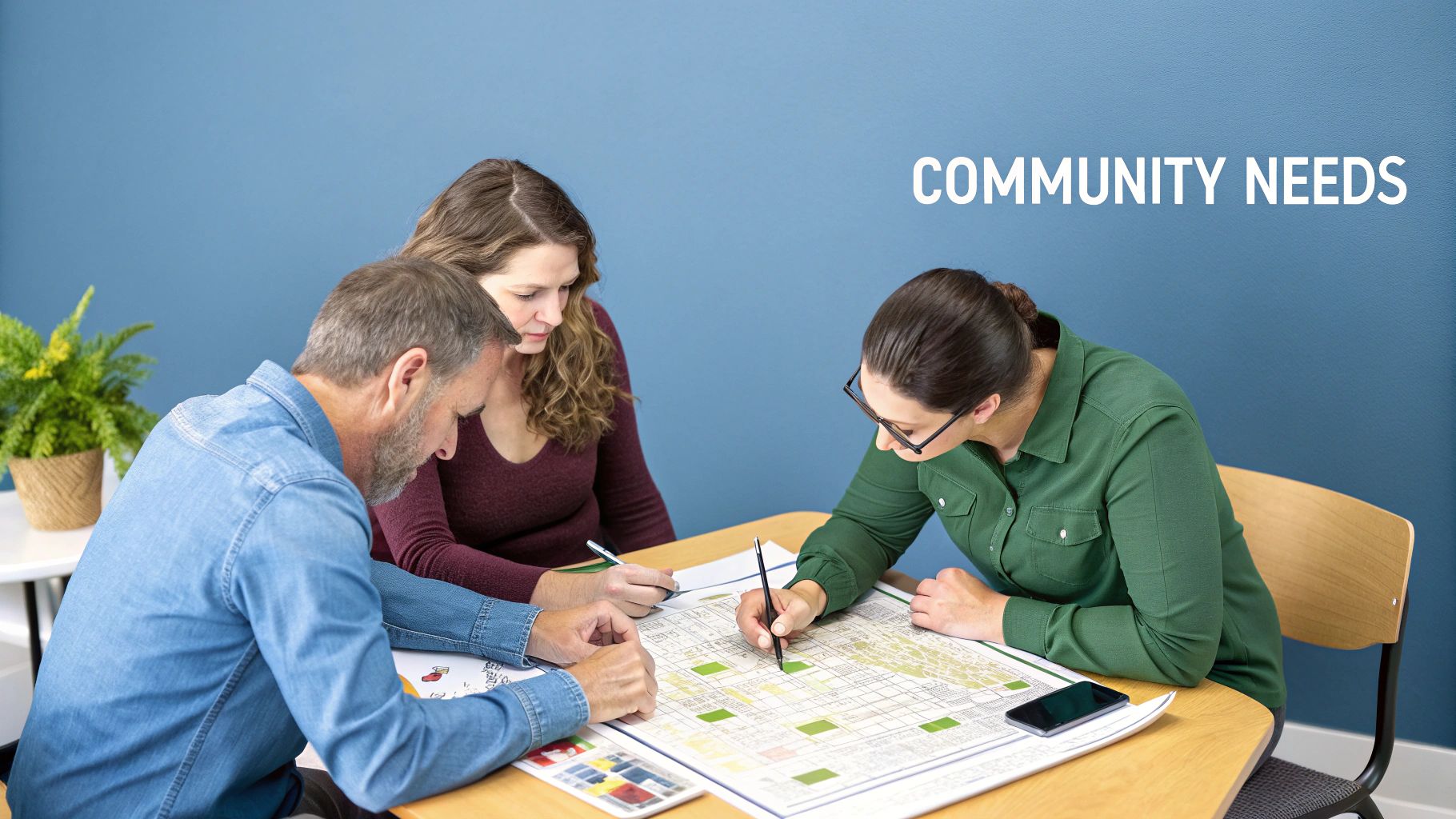 Three individuals collaborate around a table, analyzing a large map with highlighted areas for community planning.