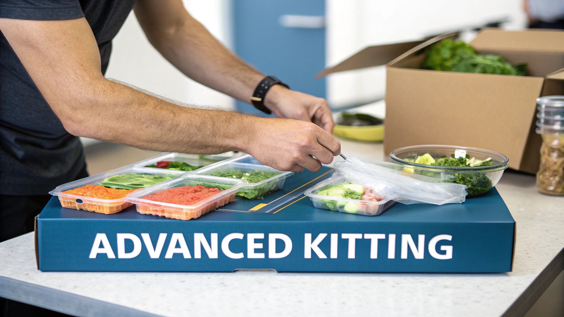 Hands assembling various fresh meal kit ingredients into plastic containers on a blue "ADVANCED KITTING" box.