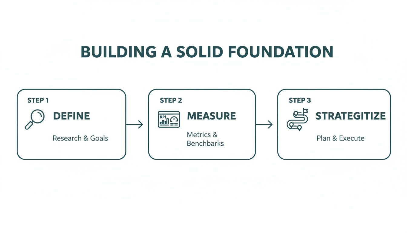 Three-step process diagram: Define (Research & Goals), Measure (Metrics & Benchmarks), and Strategize (Plan & Execute).