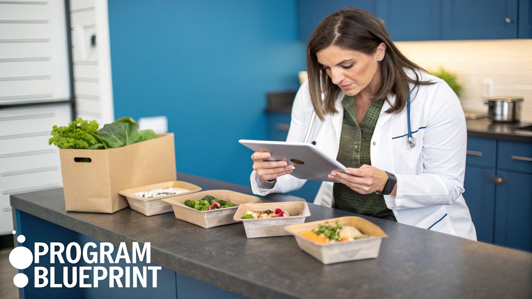 A person packing a box with fresh produce and shelf-stable food items for a medically tailored meals program.