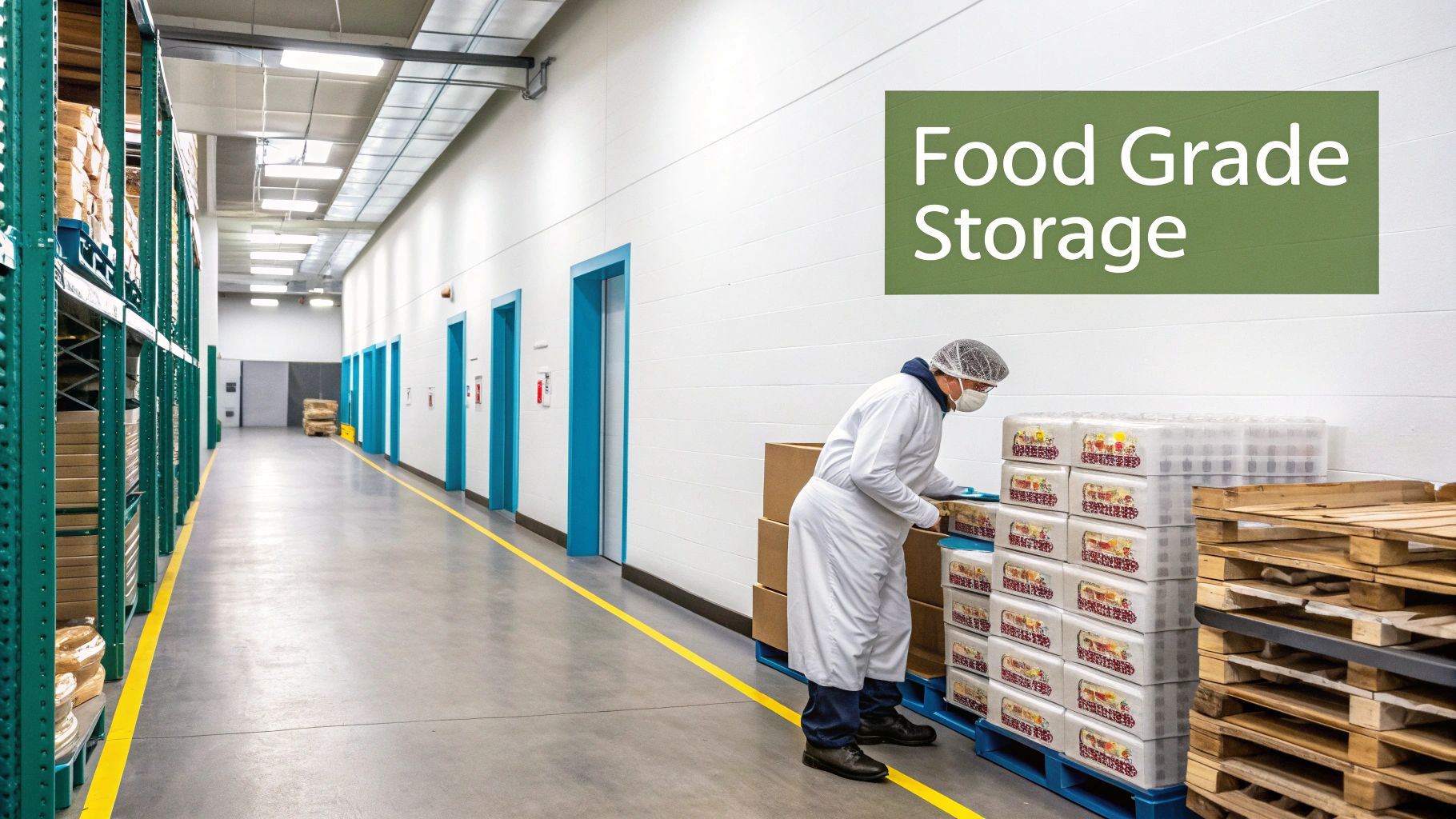 Worker in protective gear managing food grade storage facility with organized pallets and sanitized warehouse