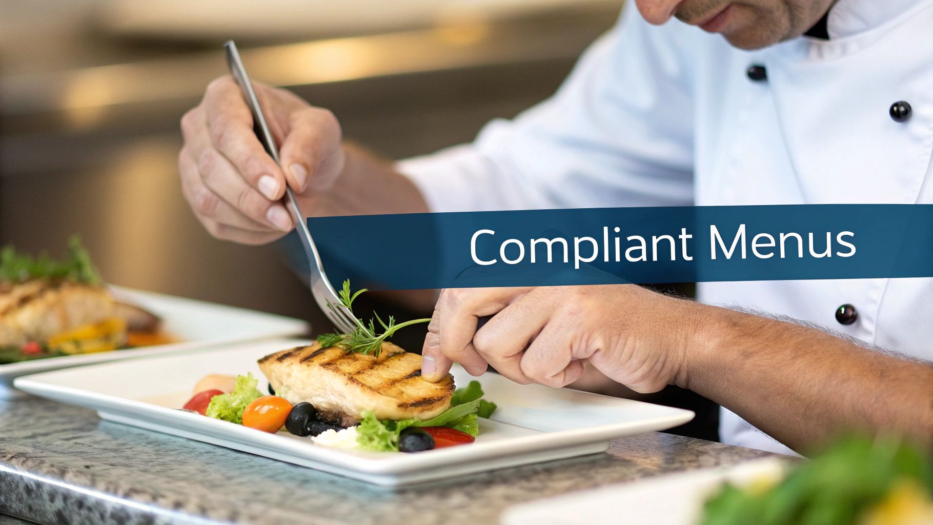 A chef in a white jacket carefully plating a grilled fish dish with fresh herbs and vegetables.