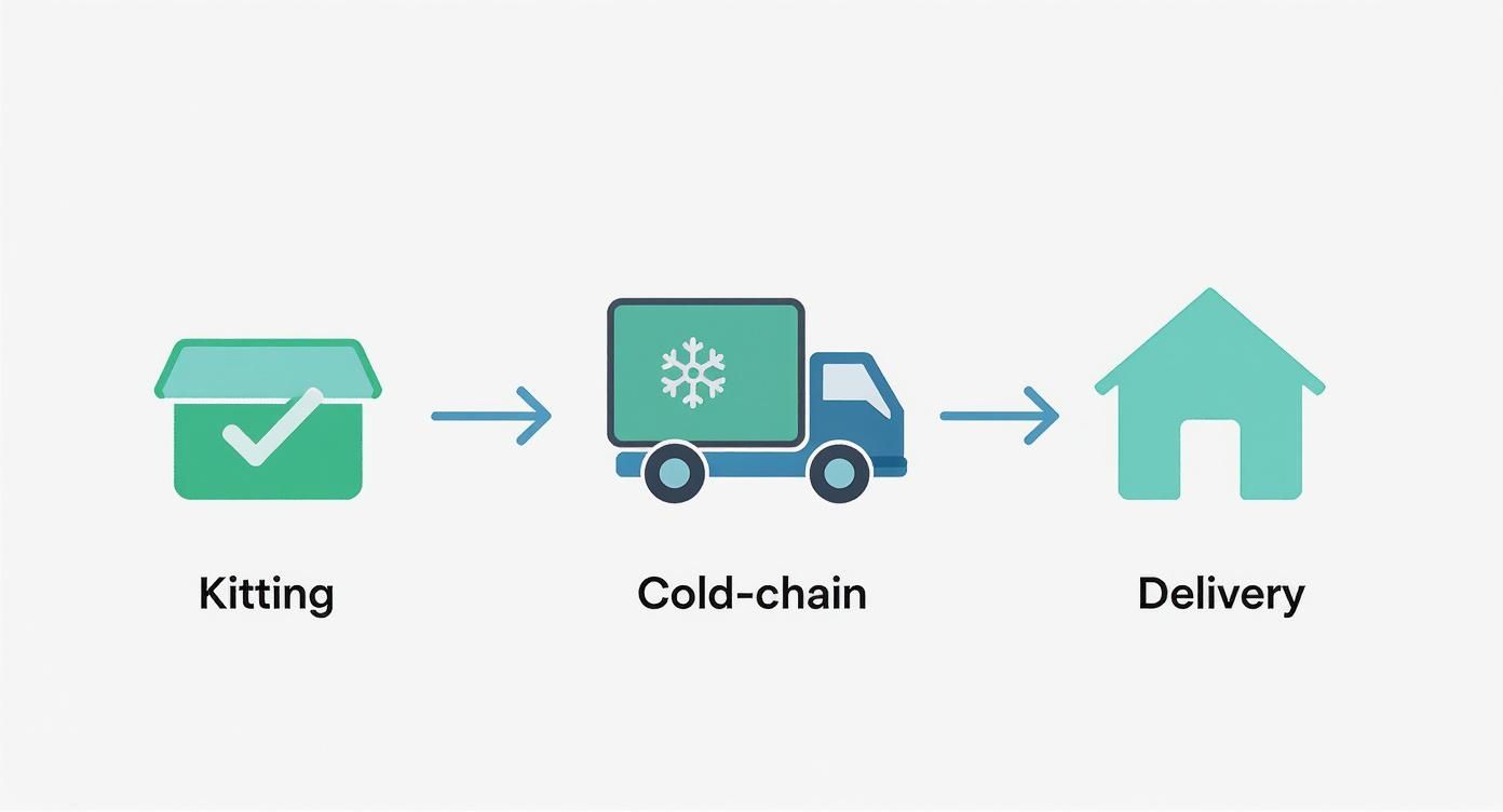 Infographic showing the process flow of nutrition program logistics, from kitting to cold-chain management and final delivery.