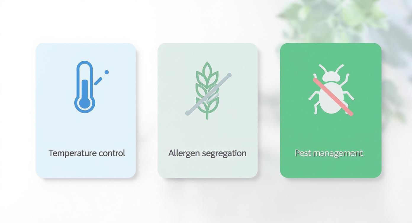 Infographic showing icons for Temperature Control, Allergen Segregation, and Pest Management