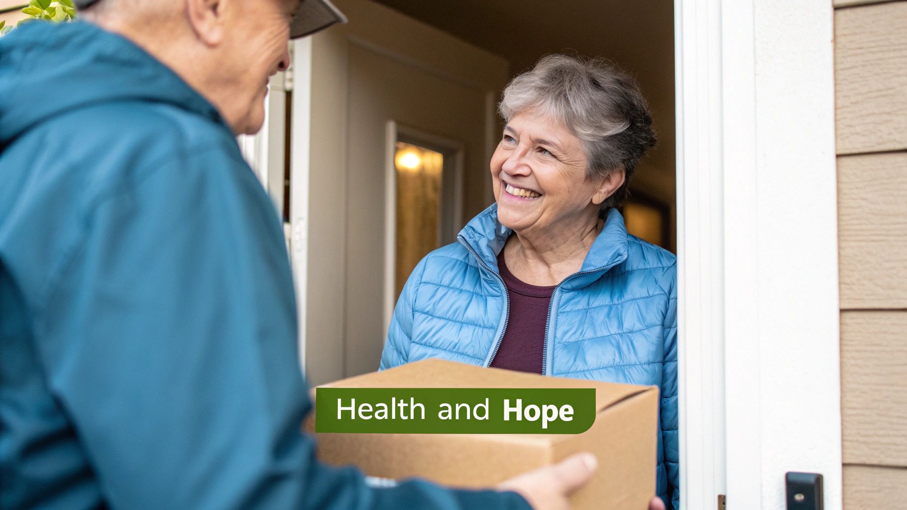 A smiling senior woman receiving a meal delivery from a friendly program staff member at her home.