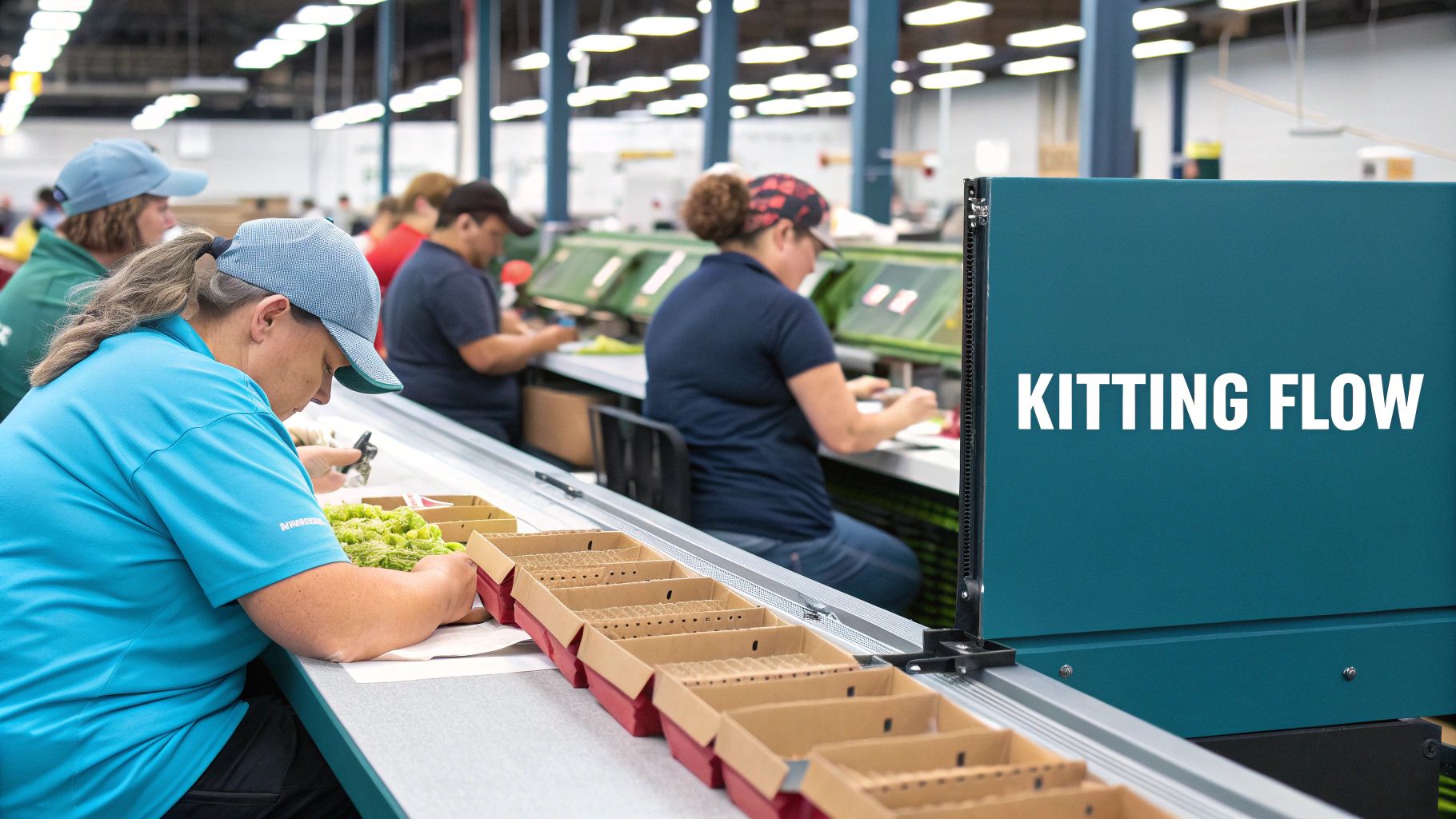 Workers assemble products at a Kitting Flow station in a bright, modern factory setting.