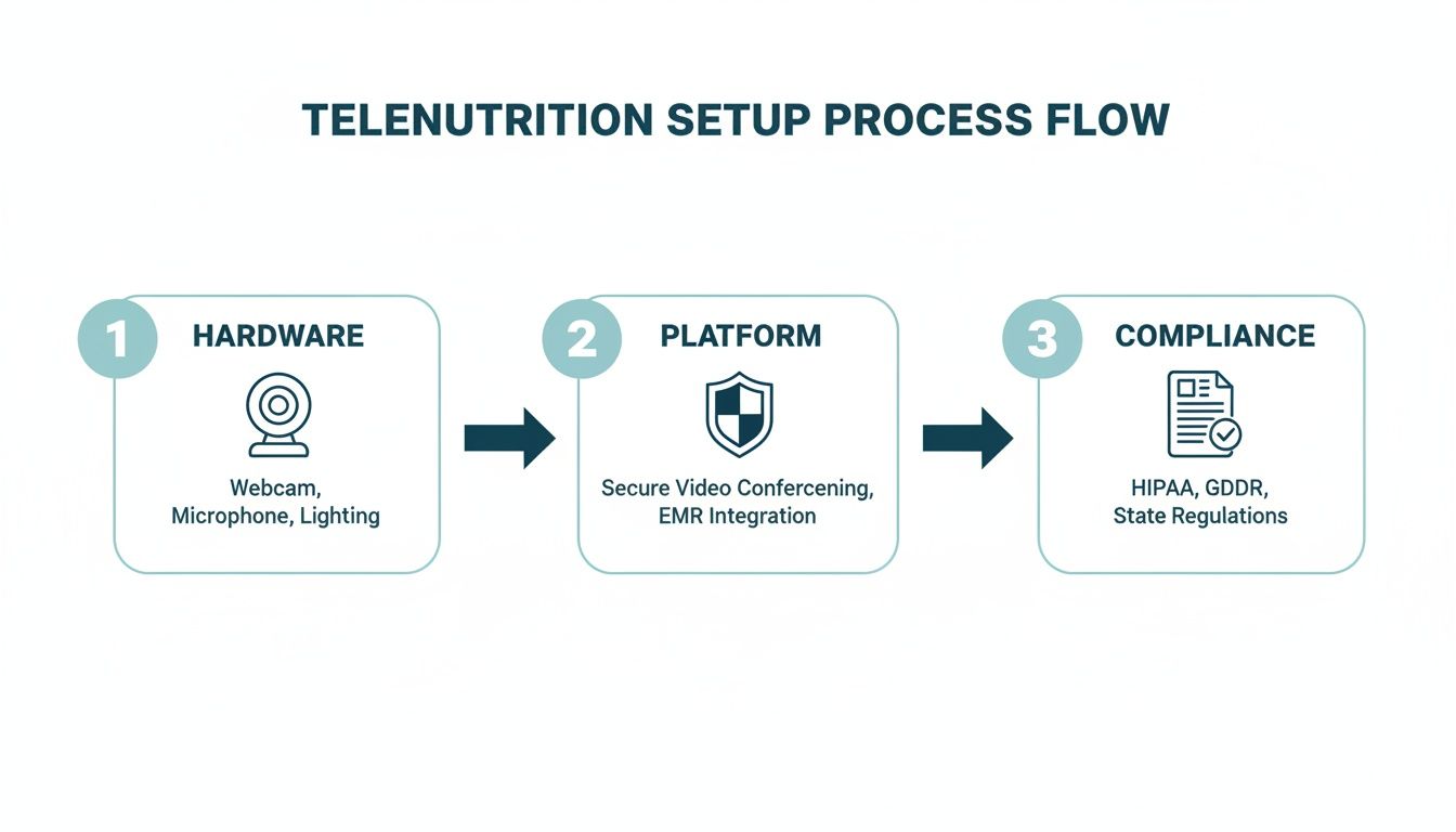A visual guide detailing the 3-step telenutrition setup process: hardware, platform, and compliance.