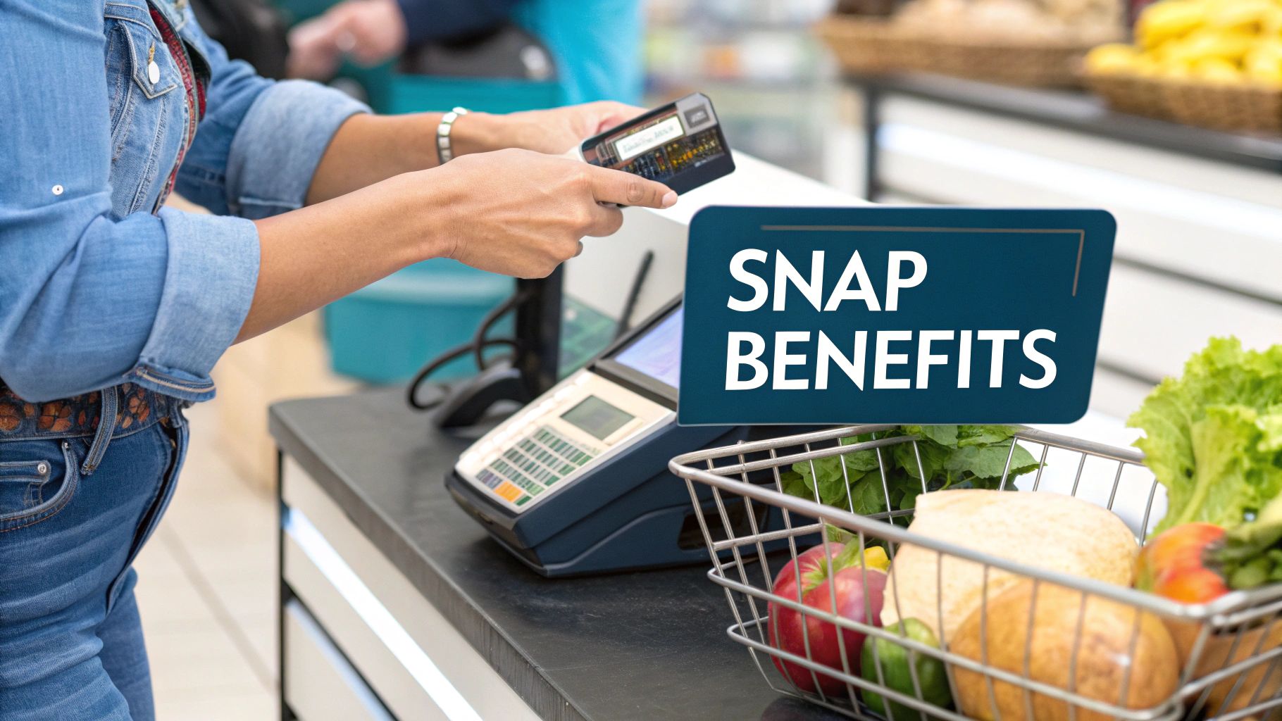 A person uses an EBT card for SNAP benefits to buy fresh groceries at a supermarket checkout.