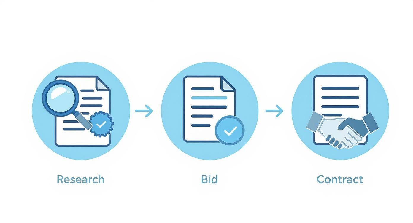 Infographic showing the compliance process flow for an after school meals program provider, with icons for research, bidding, and contracting.