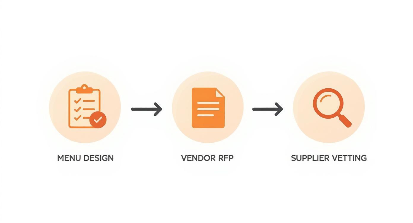A workflow infographic illustrating three sequential steps: menu design, vendor RFP, and supplier vetting.