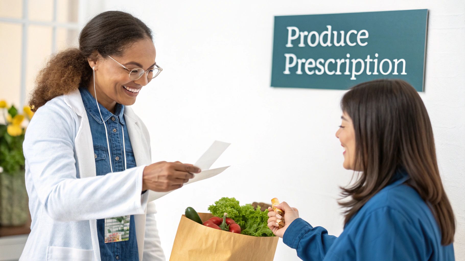 A woman smiles while holding a crate of fresh, colorful vegetables from a produce prescription program.