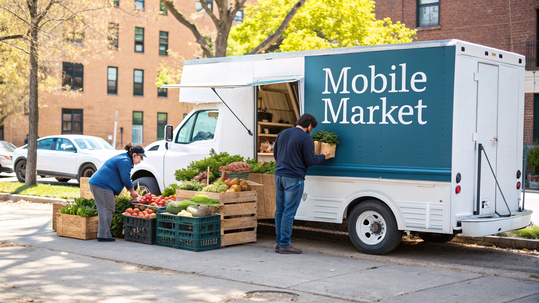 A mobile market truck open for business on a city street, offering fresh produce and plants.