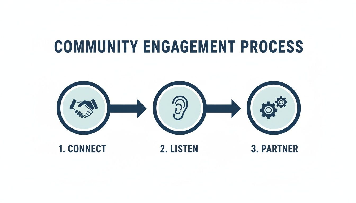 Infographic illustrating the three-step community engagement process: Connect, Listen, and Partner.