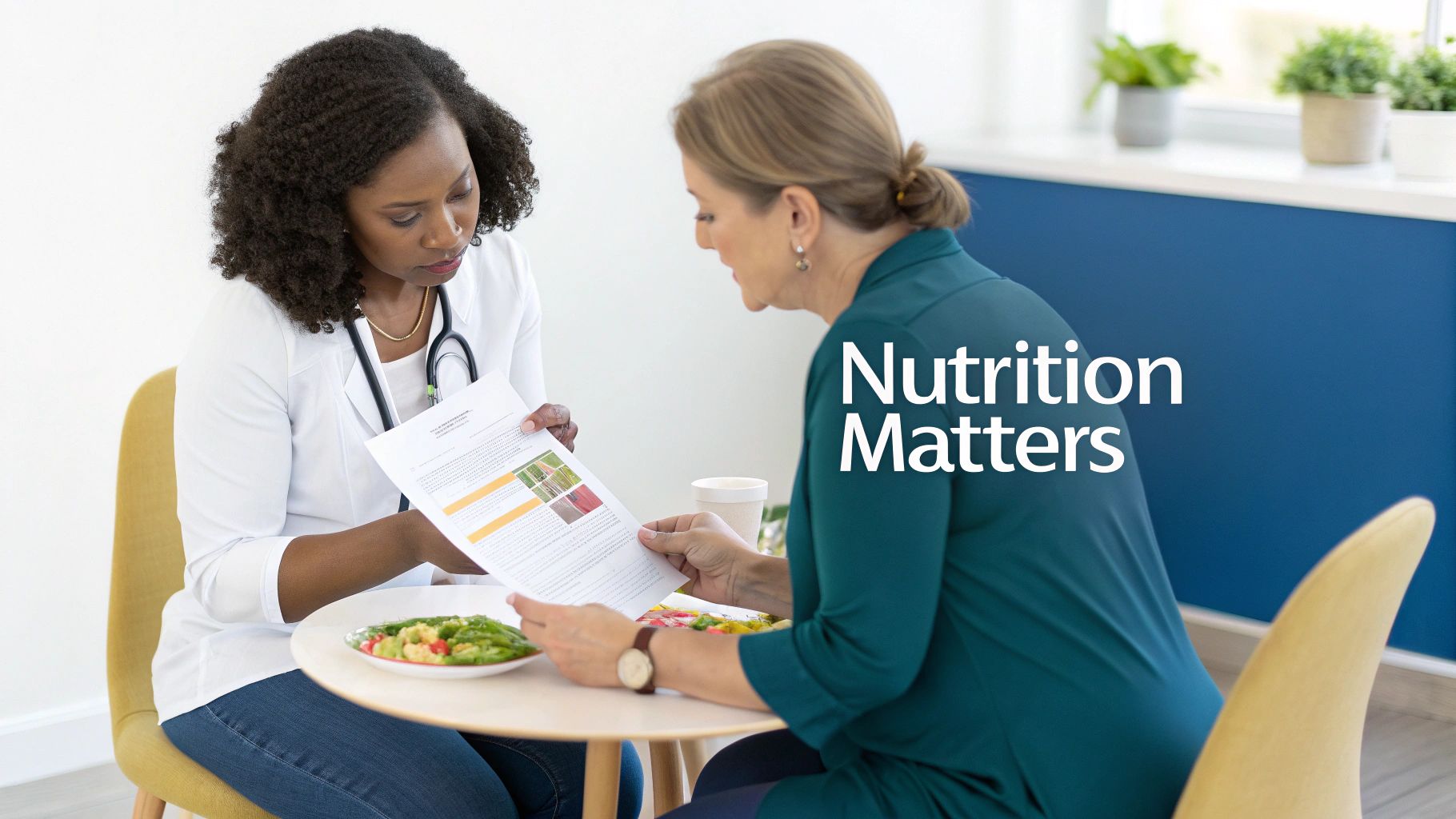 A nutritionist in a white coat explains a healthy eating plan to a patient.