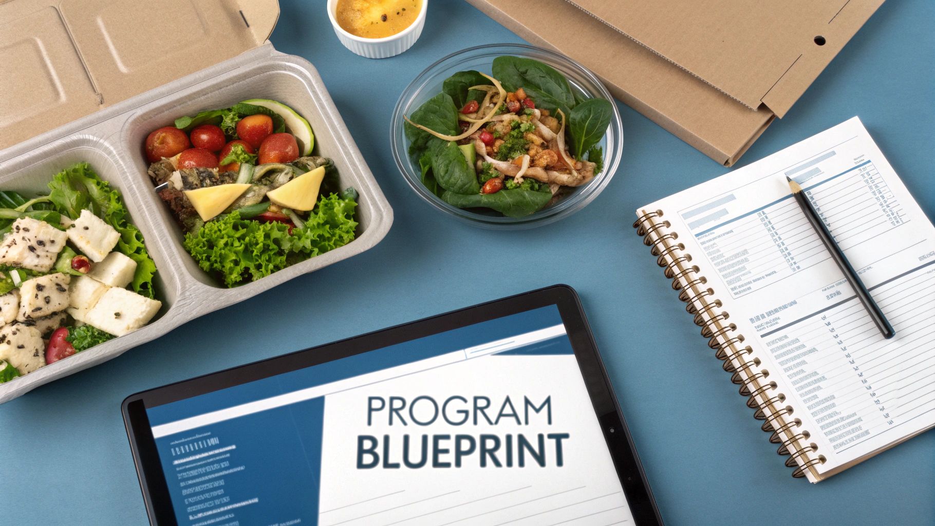Overhead view of healthy food, a 'PROGRAM BLUEPRINT' tablet, and a notebook on a blue table.
