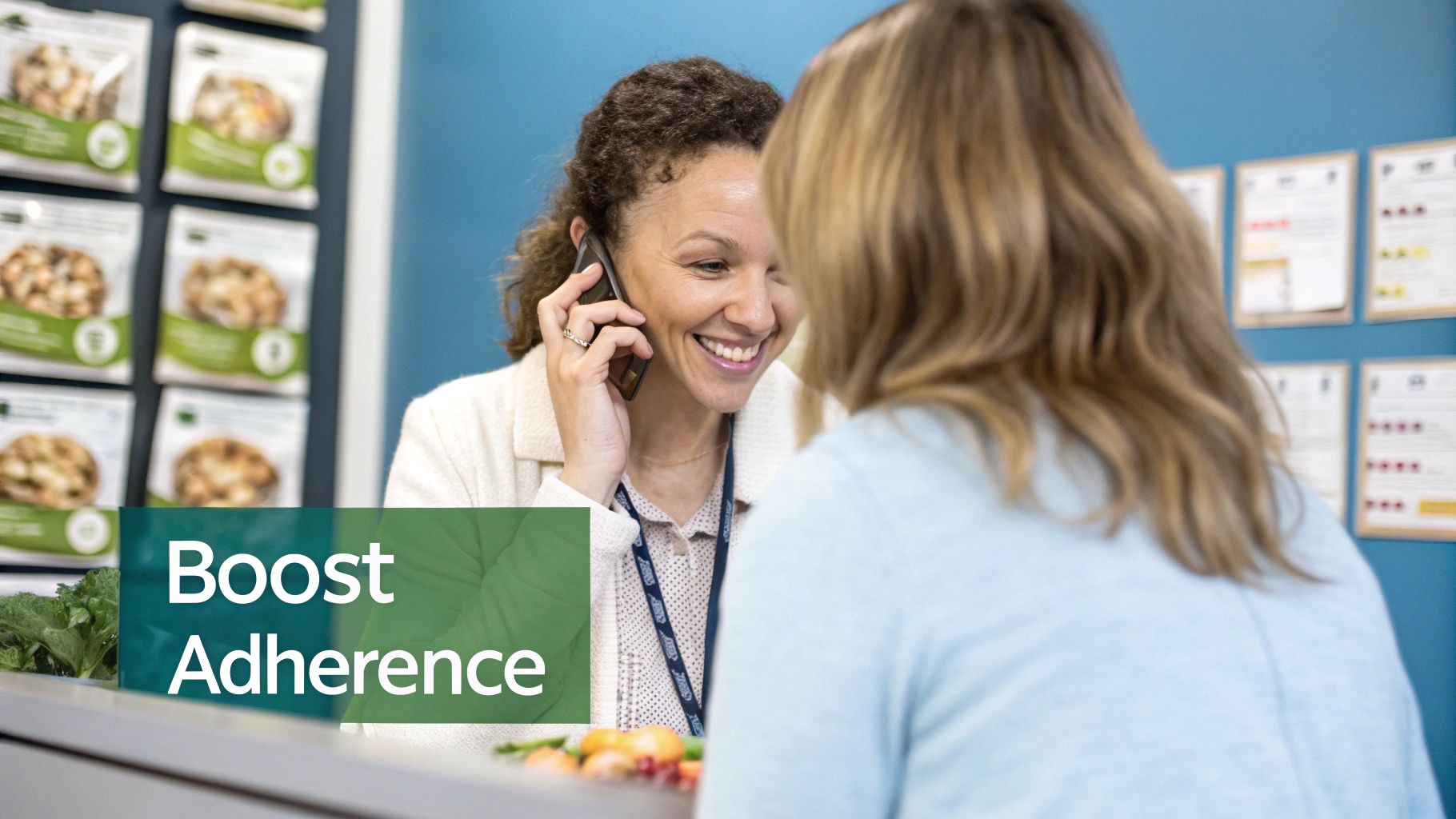 A smiling nutritionist on the phone consults a client about healthy eating and nutrition programs.