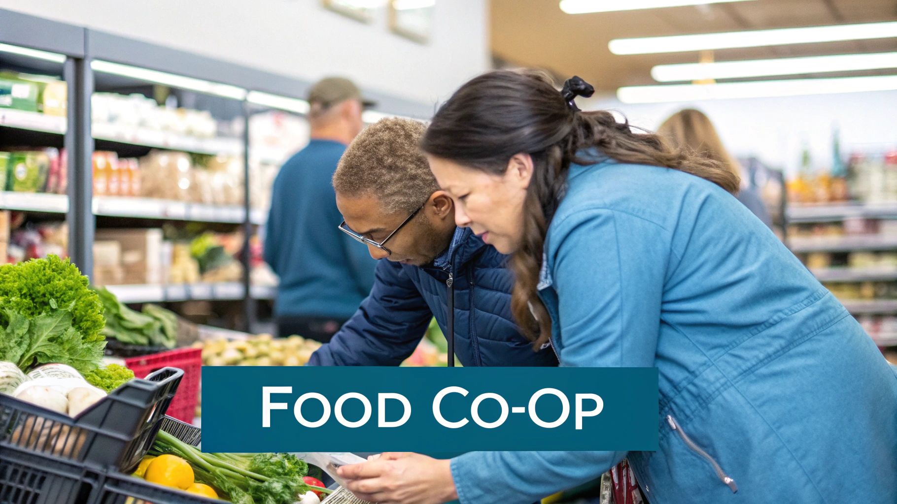 Two people browse fresh produce in a food co-op grocery store with a prominent "FOOD CO-OP" banner.