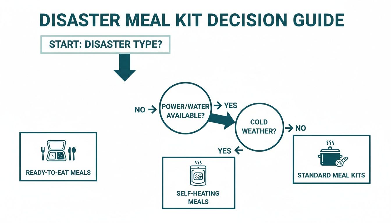 Flowchart guiding disaster meal kit selection based on power, water availability, and cold weather.