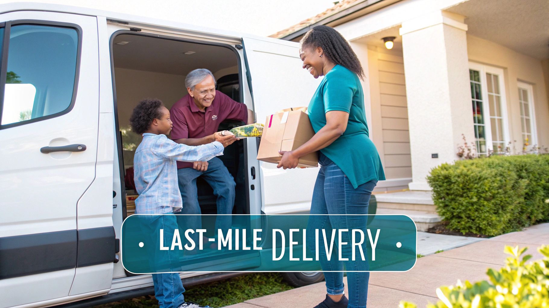 A delivery driver receives packages from a man and a child in a white van at a residential home.